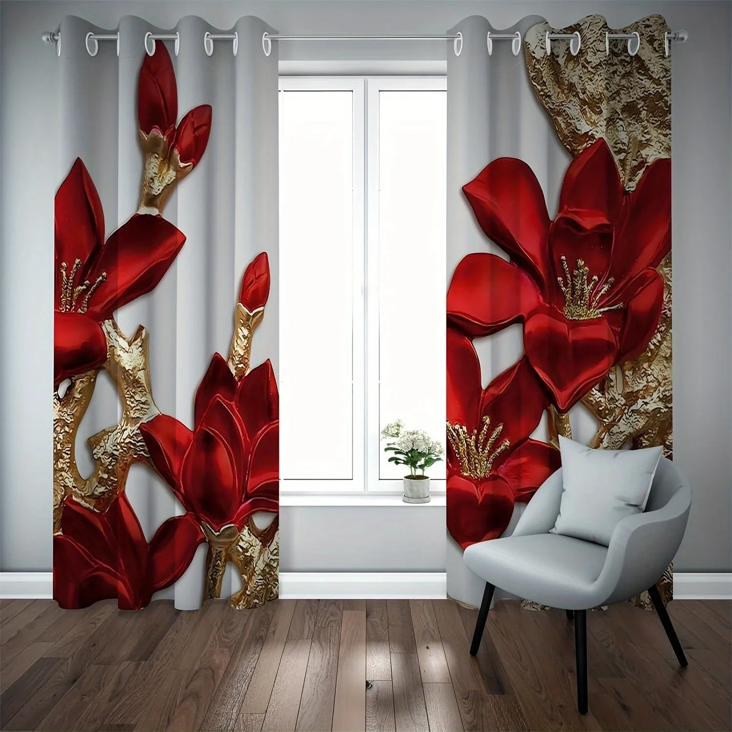 Red Magnolia Floral Blackout Curtains 84 Inches Long, Metallic Flower Gold Living Room Kitchen Drapes Darkening Bedroom Thermal Insulated Window Treatment Curtains 2 Panel Sets 52"x84" Christmas decor