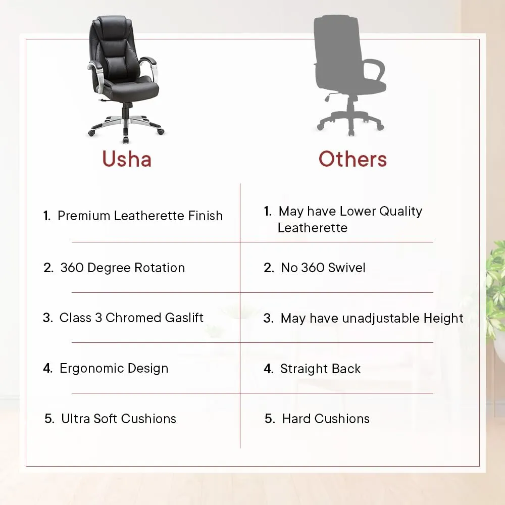 USHA SHRIRAM Black Ergonomically Designed Back Executive Office Chair | Lift Lock Tilt Mechanism | Class III Gas Lift | Conference Room Chair | Office Chair for Home | Leathereate Chair with Arm Rest