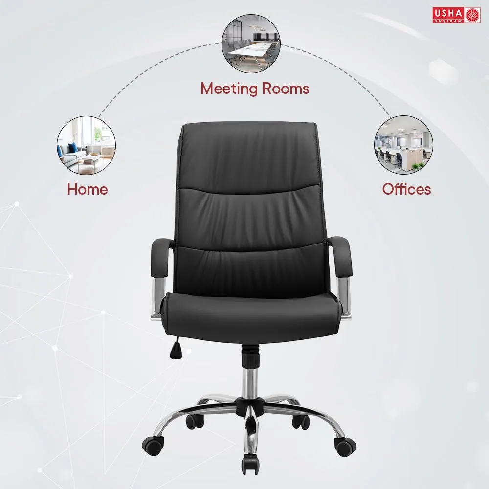 USHA SHRIRAM Black Ergonomically Designed Back Executive Office Chair | Lift Lock Tilt Mechanism | Class III Gas Lift | Conference Room Office Chair for Home | Leathereate Chair with Arm Rest (DIY)