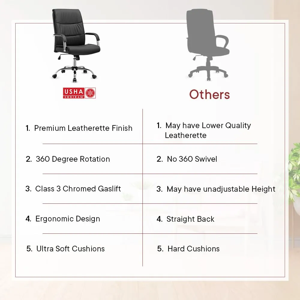 USHA SHRIRAM Black Ergonomically Designed Back Executive Office Chair | Lift Lock Tilt Mechanism | Class III Gas Lift | Conference Room Office Chair for Home | Leathereate Chair with Arm Rest (DIY)