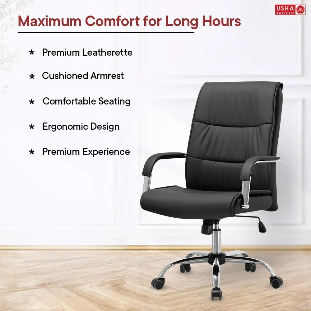 USHA SHRIRAM Black Ergonomically Designed Back Executive Office Chair | Lift Lock Tilt Mechanism | Class III Gas Lift | Conference Room Office Chair for Home | Leathereate Chair with Arm Rest (DIY)