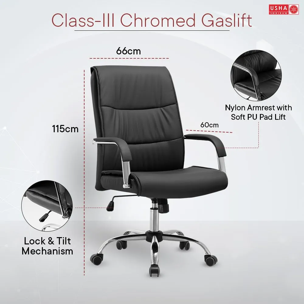USHA SHRIRAM Black Ergonomically Designed Back Executive Office Chair | Lift Lock Tilt Mechanism | Class III Gas Lift | Conference Room Office Chair for Home | Leathereate Chair with Arm Rest (DIY)