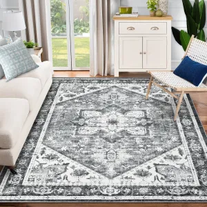 Washable Printed Vintage Area Rug, Non Slip Ultra Thin Low Pile Indoor Floor Carpet, for Living Room Bedroom Dining Room, Grey